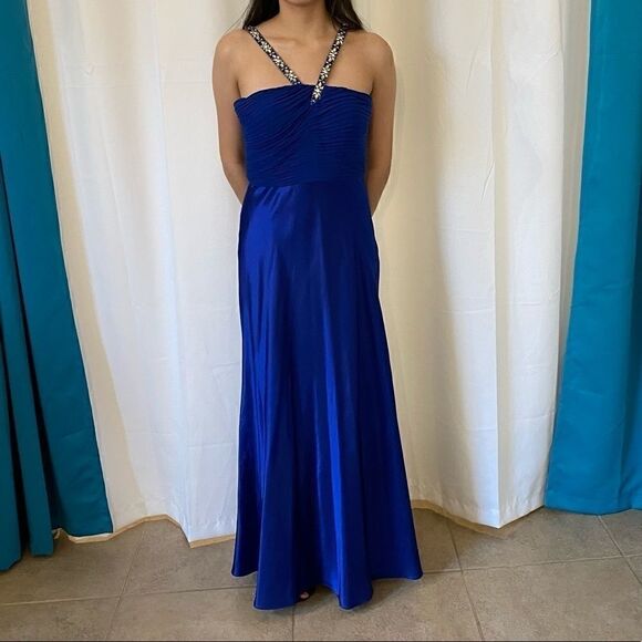 Adrianna Papell blue satin gown with beaded straps - Picture 2 of 6